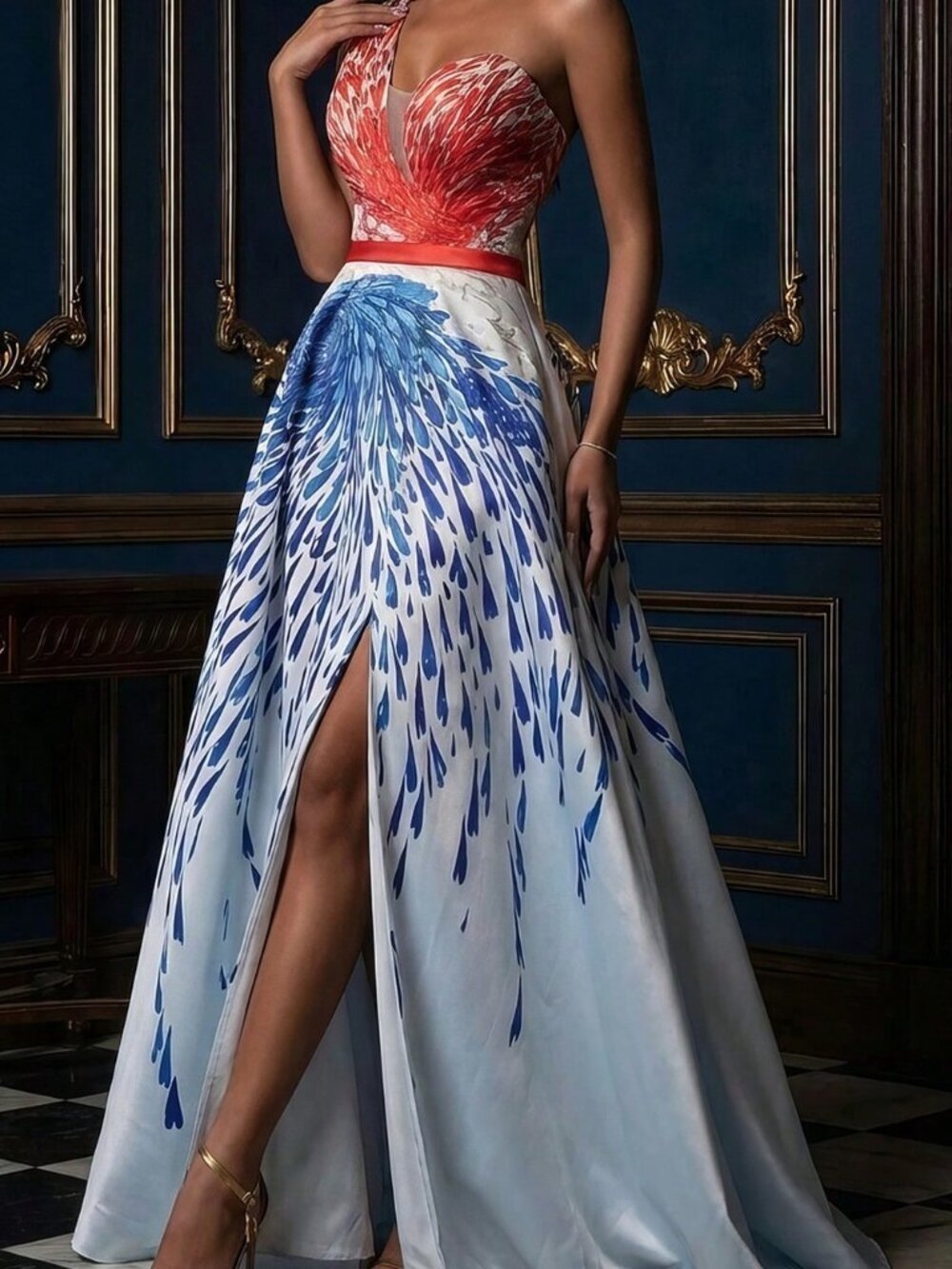 Baby Blue Elegant Women's Sleeveless Dress with Asymmetric Neckline and Slit - Picture 4 of 7